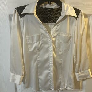 Iz Byer White Satin Blouse with Black Lace Accents